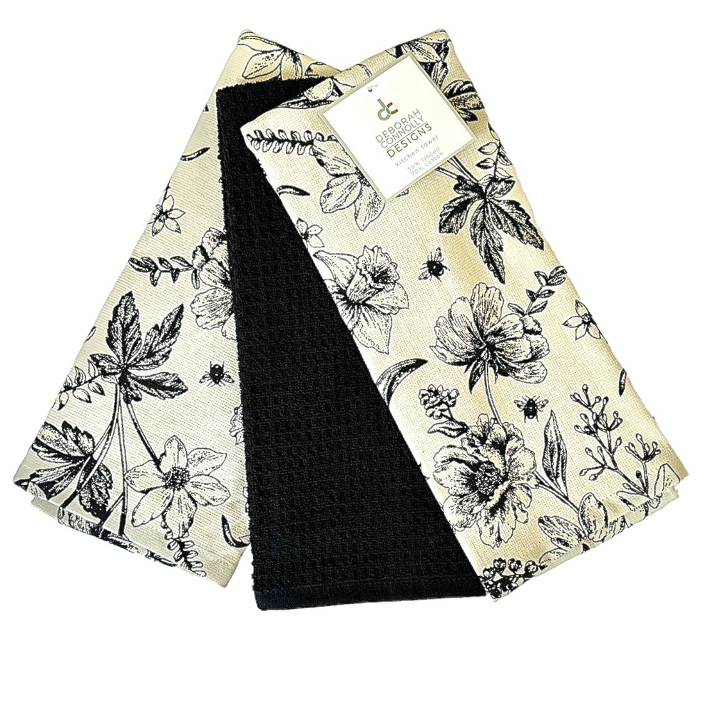 Deborah Connolly 3 Pc Kitchen Hand Towels Set Tan & Black Floral Print NEW